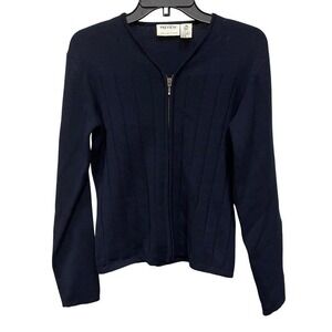 Preview Collection Navy Blue‎ 100% Merino Wool Zip Up Ribbed Cardigan Sweater S